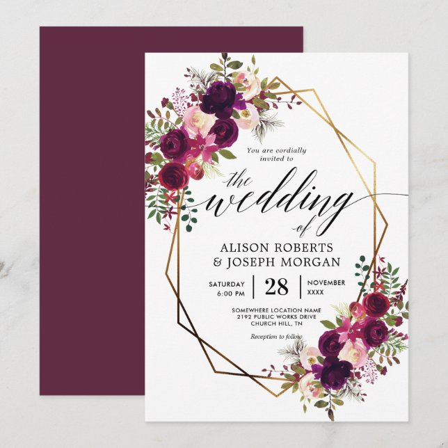 Boho bordo geometrische Hochzeitseinladung Einladung (Vorne/Hinten)