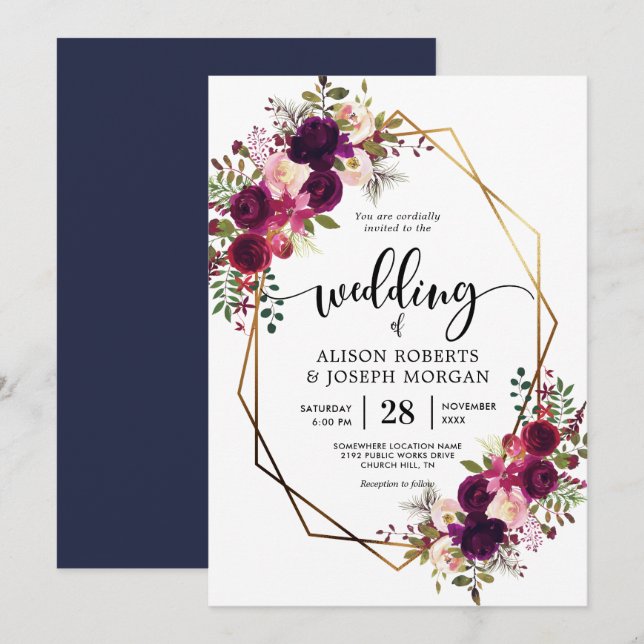 Boho bordo geometrische Hochzeitseinladung Einladung (Vorne/Hinten)