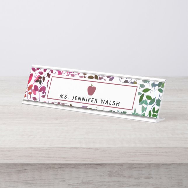 Boho Botanical Apple Teacher Namplate Schreibtischnamensplakette (Vorderseite )