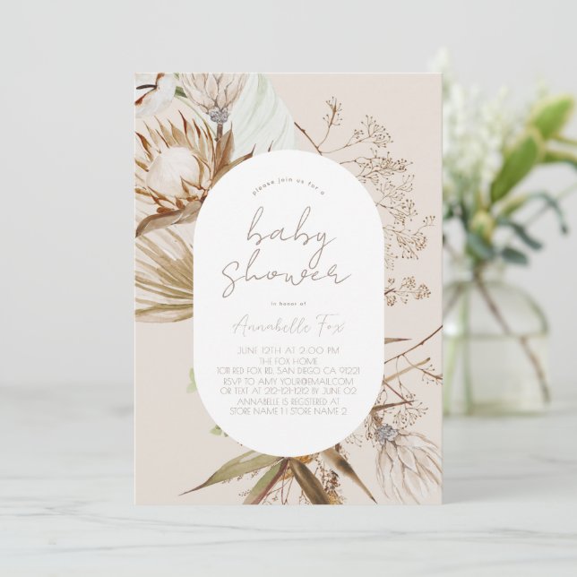 Boho Botanical Beige Babydusche Einladung (Stehend Vorderseite)