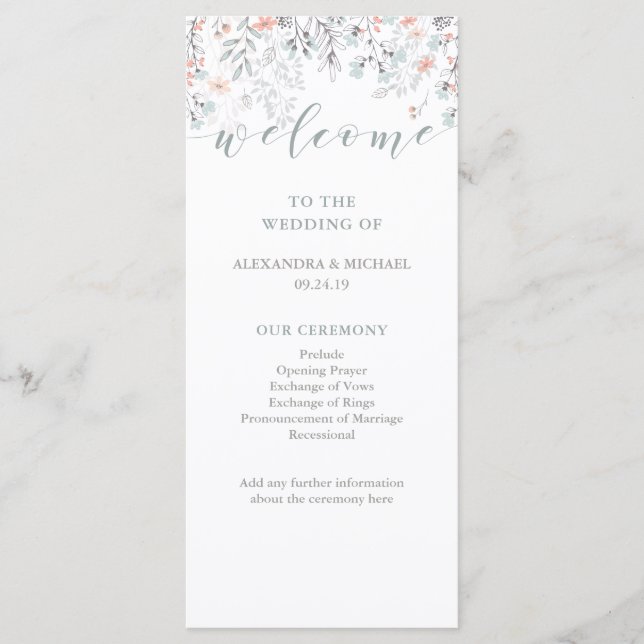 Boho Botanical Coral and Gray Wedding Program Programm (Vorderseite)
