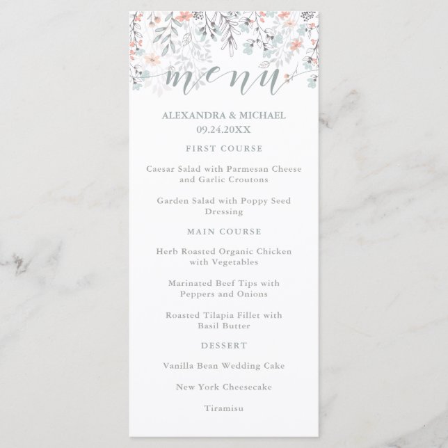 Boho Botanical Coral und Gray Wedding Menu Menükarte (Vorderseite)