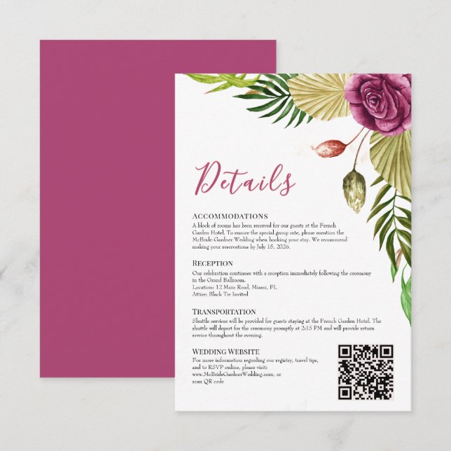 Boho Botanical Crimson Rose Hochzeits-Detailkarte Einladung (Vorne/Hinten)
