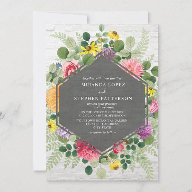 Boho Botanical Floral Geometric Brick Wedding Einladung (Vorderseite)