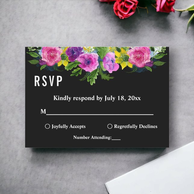 Boho Botanical Garden Black Floral Wedding RSVP Karte (Von Creator hochgeladen)