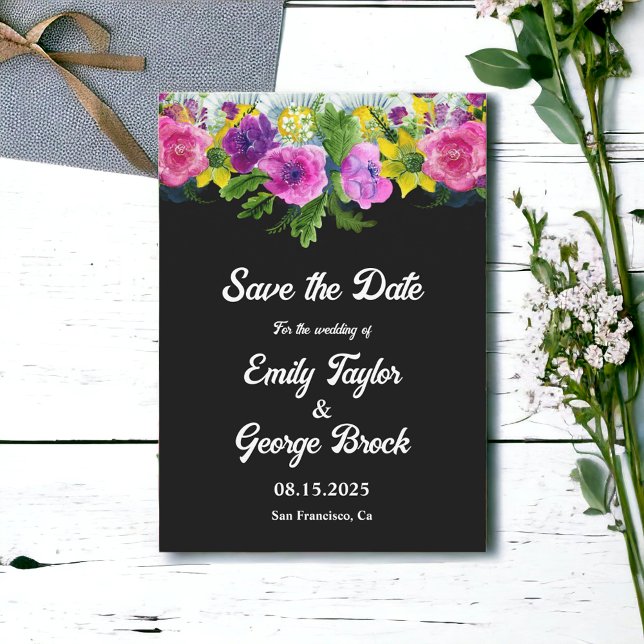 Boho Botanical Garden Black Floral Wedding Save The Date (Von Creator hochgeladen)