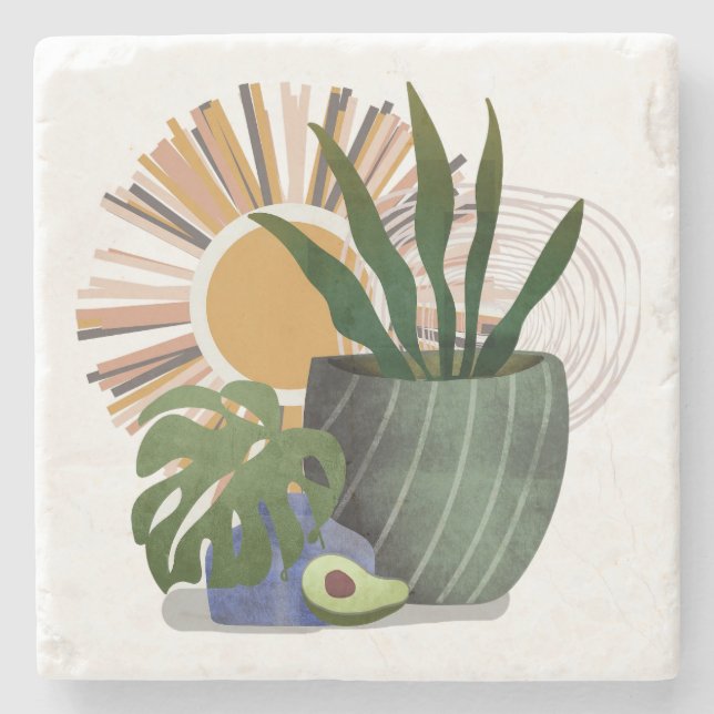 Boho Botanical Neutral Mid Century Stone Coaster Steinuntersetzer (Vorderseite)