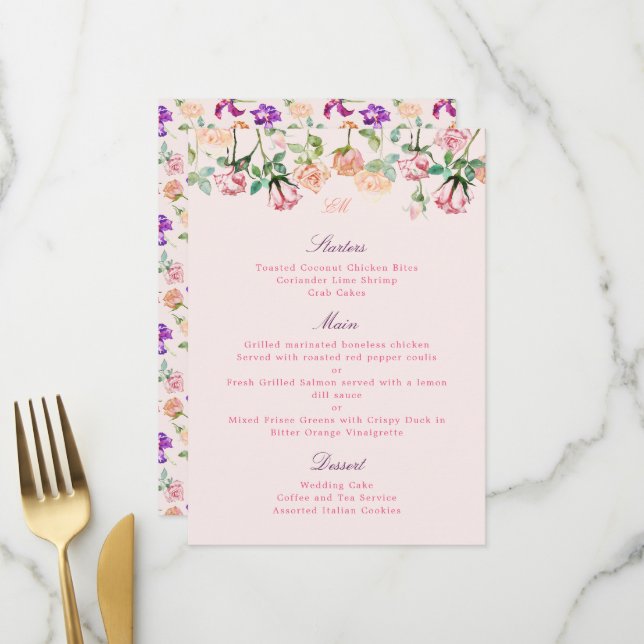 Boho Botanical Romance Watercolor Rose Menükarte (Vorderseite/Rückseite Beispiel)