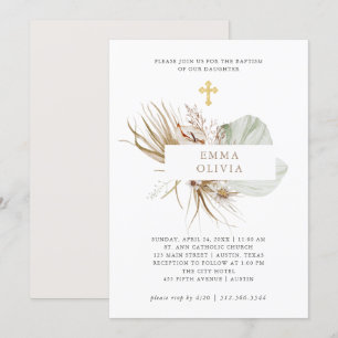Boho Botanical   Taufen mit Goldkreuz Einladung