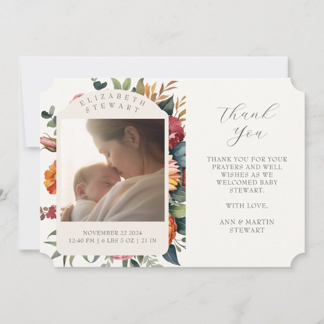 Boho Botanical Vielen Dank Baby Birth Ankündigung (Vorderseite)
