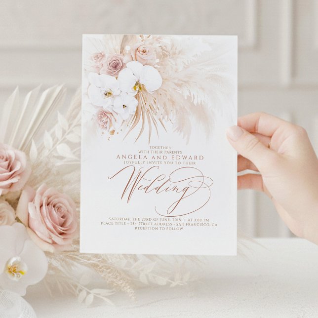 Boho Botanical White Orchids Pampas Grass Wedding Einladung (White Orchids and Pampas Grass Boho Wedding Invitations)