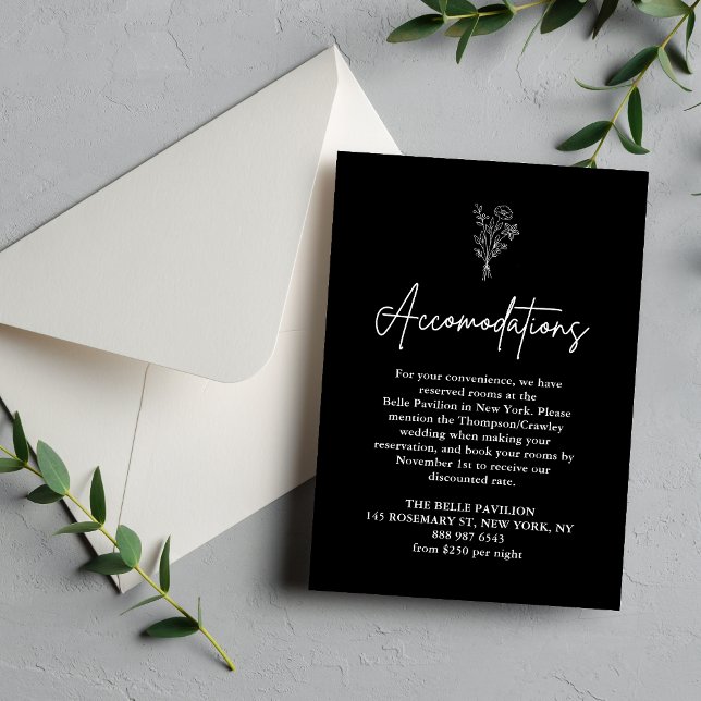 Boho Botanicals Black Wedding Unterkünfte Begleitkarte (Botanical black accommodations enclosure card shares stay details with sleek style for your guests)