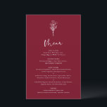 Boho Botanicals Burgundy Wedding Menu Card<br><div class="desc">Fügen Sie diese anpassbaren,  minimalistischen Menükarten mit Blumenmuster zum Tischdeck Ihres Events hinzu. Es verfügt über eine moderne Blumenstrauß-Linie mit Kalligraphie. Personalisieren Sie diese Boho-Menükarte,  indem Sie Namen,  Daten und Speisen hinzufügen. Diese bordeauxfarbene Karte eignet sich perfekt für Hochzeiten,  Babyduschen,  Brautpartys,  Geburtstage und vieles mehr.</div>