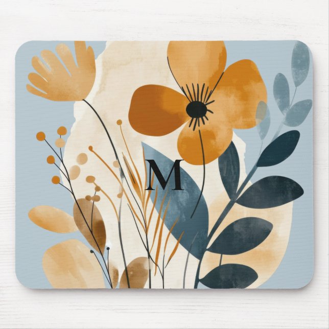 Boho-Botanik-Aquarell Blau Pfirsich Mousepad (Vorne)