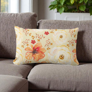 Boho-Botanik-Aquarell-Cream-Orangen-Blumenmuster  Lendenkissen