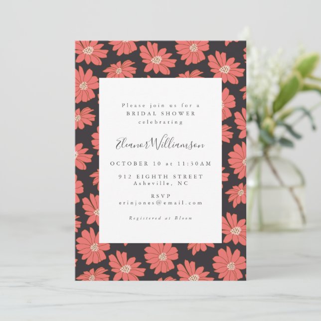 Boho Botanische Blume Schwarzes Rotes Brautparty Einladung (Stehend Vorderseite)