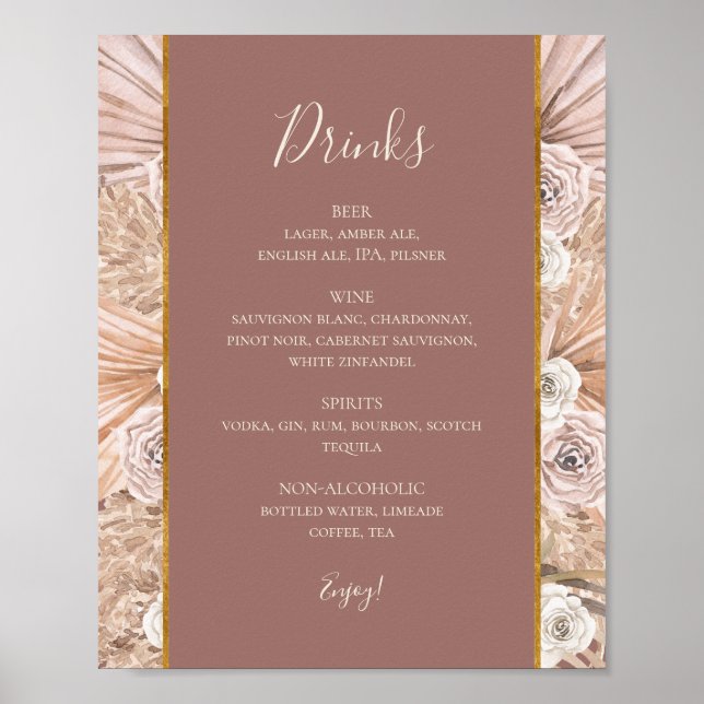 Boho Botanische Dusty Rose Wedding Drinks Menü Zei Poster (Vorne)