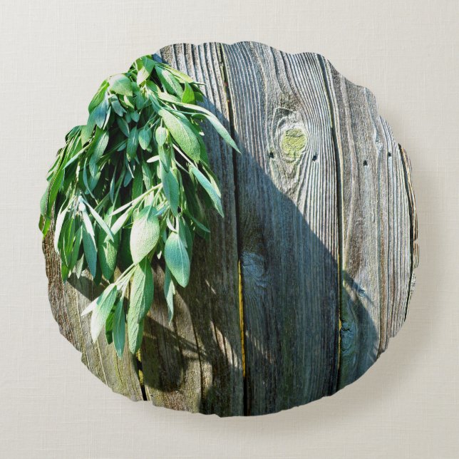 Boho botanische Kräuter verlasse rustikales Barnho Rundes Kissen (Vorderseite)