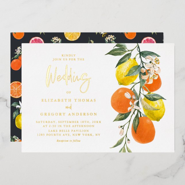 Boho Botanische Zitronen und Orangen-Garland Hochz Folieneinladung (Vorderseite/Rückseite)