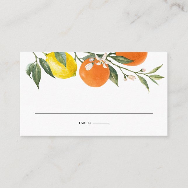 Boho Botanische Zitronen und Orangen Sommerhochzei Platzkarte (Vorderseite)