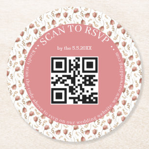 boho botanischen uAwg qr Code Hochzeit stilvoll Runder Pappuntersetzer