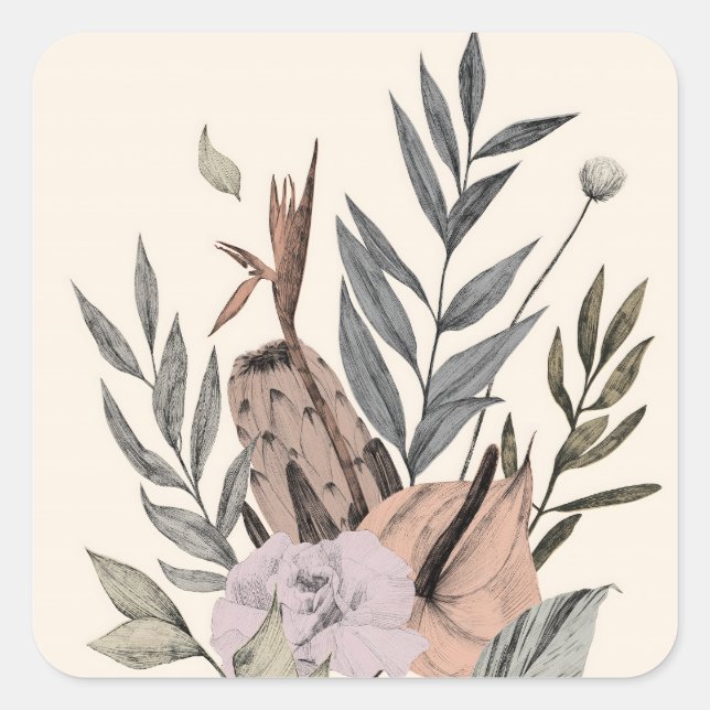 Boho Botanischer Garten - Illustration Quadratischer Aufkleber (Vorderseite)