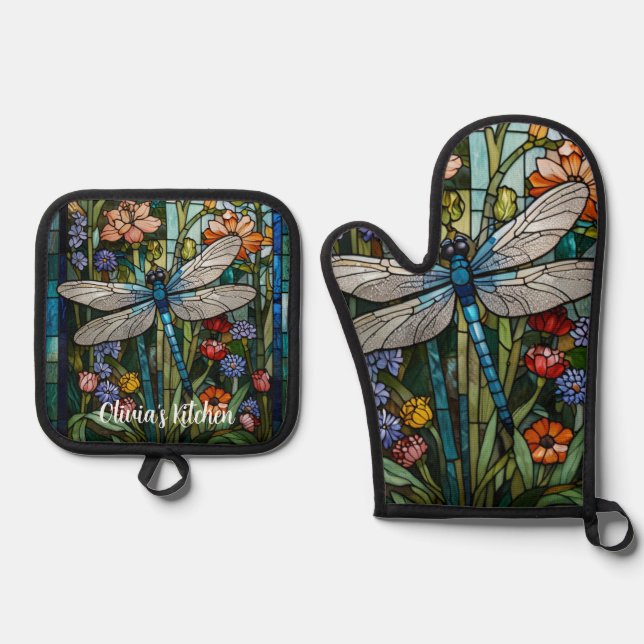 Boho-botanisches Fleckglas Ofenhandschuh & Topflappen-Set (Vorderseite)
