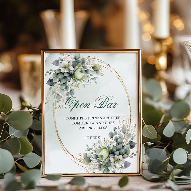 Boho-Botanisches-Open-Bar-Schild Dusty Green 8x10 Poster (Boho Botanical Open Bar Sign Dusty Green 8x10)