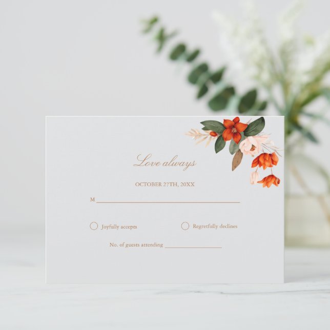 Boho Bouquet mit feurigen Blume Hochzeit RSVP Karte (Stehend Vorderseite)