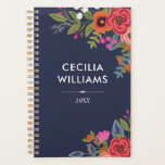 Boho Bouquets - Navy Blue & Coral - Name Planer<br><div class="desc">Spiralplaner bedruckt mit Arrangements von handgezeichnet Blume in Orange,  Korallenrot,  Hot-Rosa und Weiß. Fügen Sie Ihren Namen und das Jahr in weißen Buchstaben hinzu.</div>