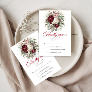 Boho Bourgogne Fleurs Verdure Or Mariage RSVP
