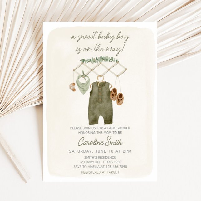 Boho Boy Baby Clothes Baby Shower Einladung (Sweet Baby Boy Baby Shower Invitation)