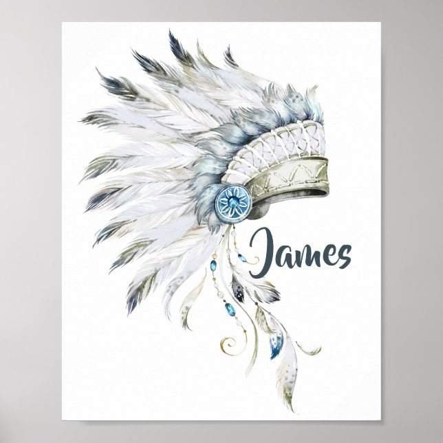 Boho Boy Feather Headdress Kinderzimmer Art Poster (Vorne)