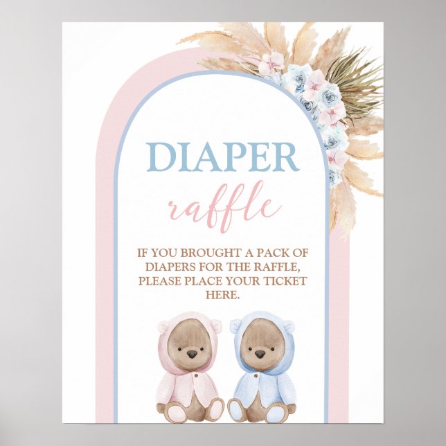 Boho Boy Girl Twins Bear Diaper Raffelzeichen Poster (Vorne)