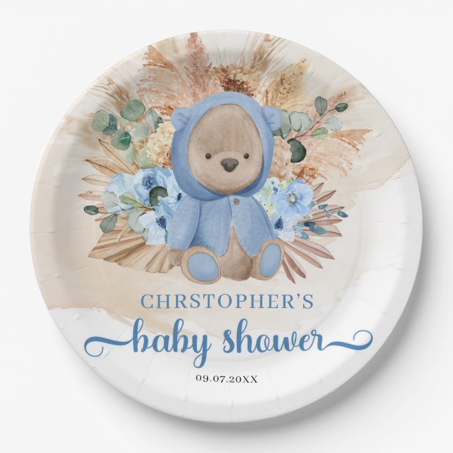 Boho Boy Teddy Bär Pampas Gras blaue Babydusche Pappteller (Vorderseite)