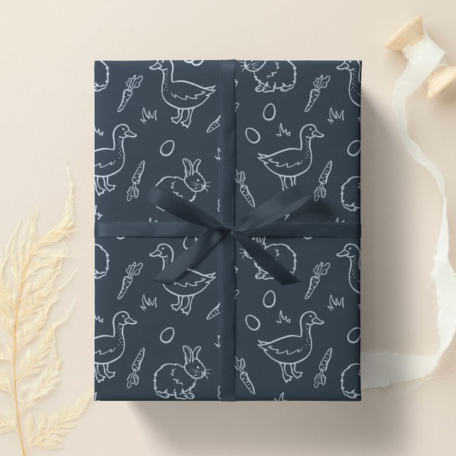 Boho Boys Easter Cute Bunny Rabbit Goose Dark Blue Geschenkpapier (Von Creator hochgeladen)