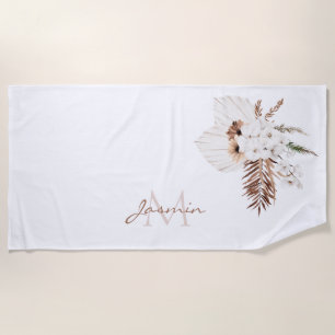 Boho Braune Pampasgras Weiße Orchideen Monogramm Strandtuch