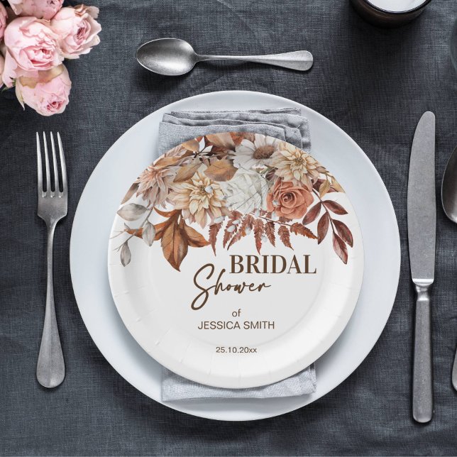Boho-Brautparty-Geschirr der Earthy-wüste Pappteller (Boho earthy desert brown fall themed bridal shower tableware personalized paper plates dried roses)