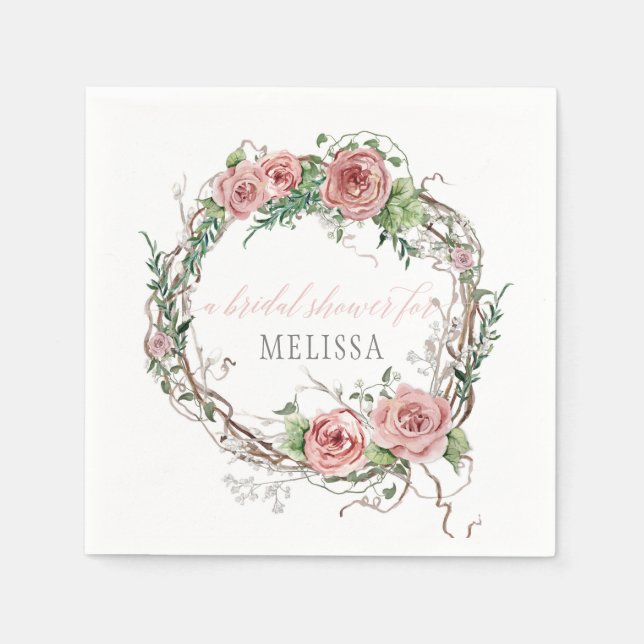 BOHO Brautparty Twig Branch Foliage Rose Serviette (Vorderseite)