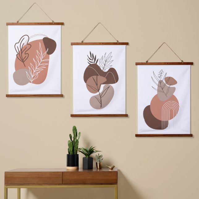 Boho Brown Beige Neutral Colors Abstrakt Wandteppich Mit Holzrahmen (Asymmetrisch)