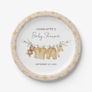 Boho Brown Clothesline Watercolor Babydusche Pappteller