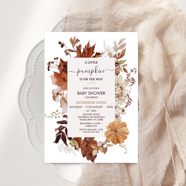 Boho Brown Fall Little Pumpkin Baby Shower Einladung (Rustic Fall Baby Shower Invitation Template, Pumpkin Baby Shower Invitation Gender Neural, Boho)