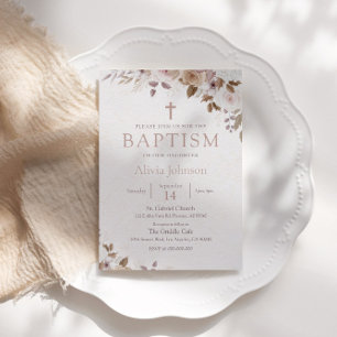 Boho Brown Floral Taufe Christening Einladung