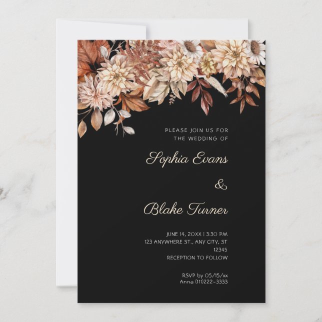 Boho Brown Floral Winter Black Wedding Einladung (Vorderseite)