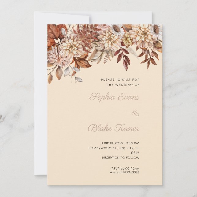 Boho Brown Floral Winter Champagne Wedding Einladung (Vorderseite)