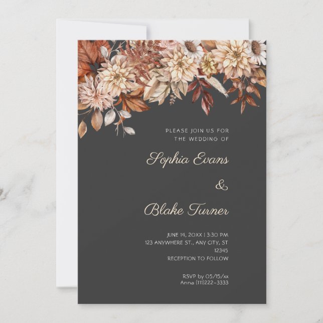 Boho Brown Floral Winter Pebble Gray Wedding Einladung (Vorderseite)