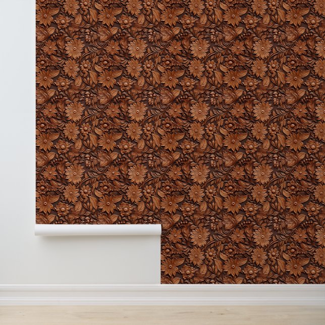 Boho Brown Imitats Leather Floral Tapete (Anwendung)