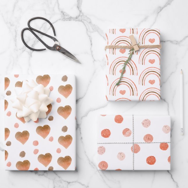 Boho Brown, Mauve, Pink Hearts und Polka Dots Geschenkpapier Set (Vorderseite)