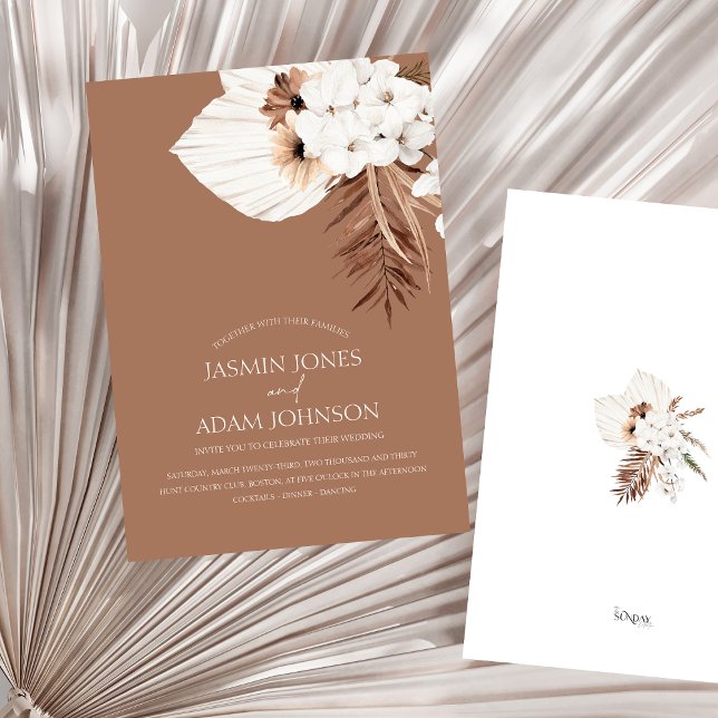 Boho Brown Pampas Grass Orchid Wedding Einladung (Boho Terracotta Brown Pampas Grass Floral Wedding Invitation)