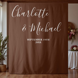 Boho Brown Script Minimalist Wedding Backdrop Wandteppich